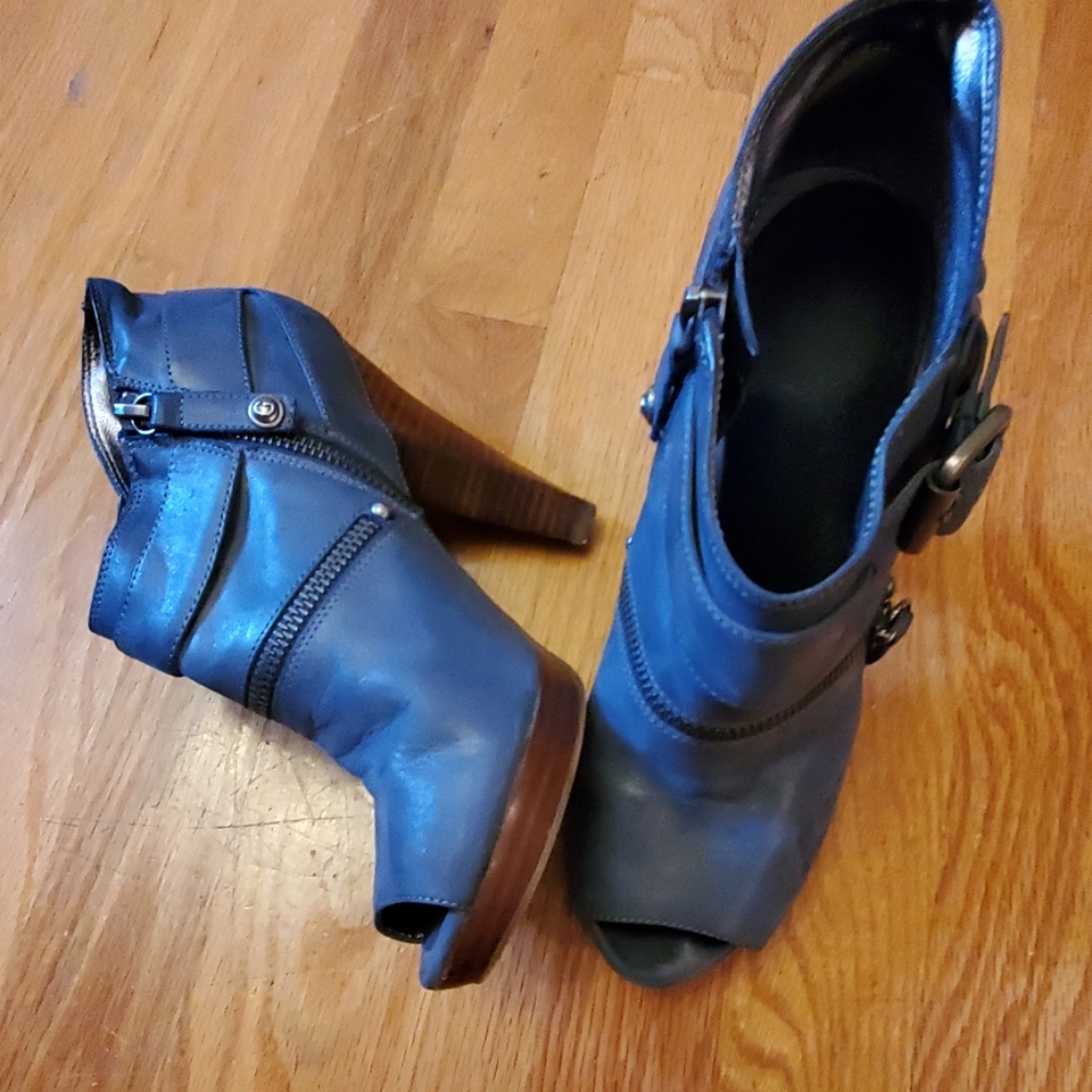 Guess Blue Leather Peep Toe Ankle Boots